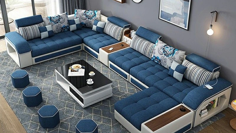 چیدمان مبل 7 نفره در پذیرایی مستطیل شکل