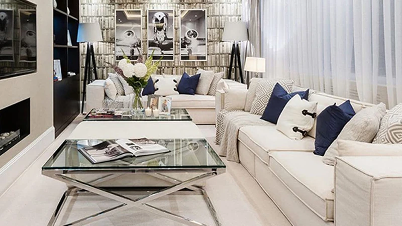 ایده برای چیدمان مبل هفت نفره در پذیرایی مستطیل شکل